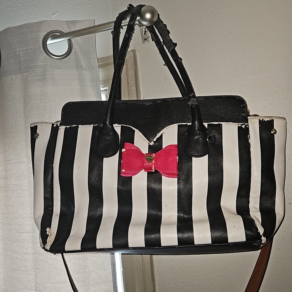 Betsey Johnson Black and White Striped Tote with Pink Bow